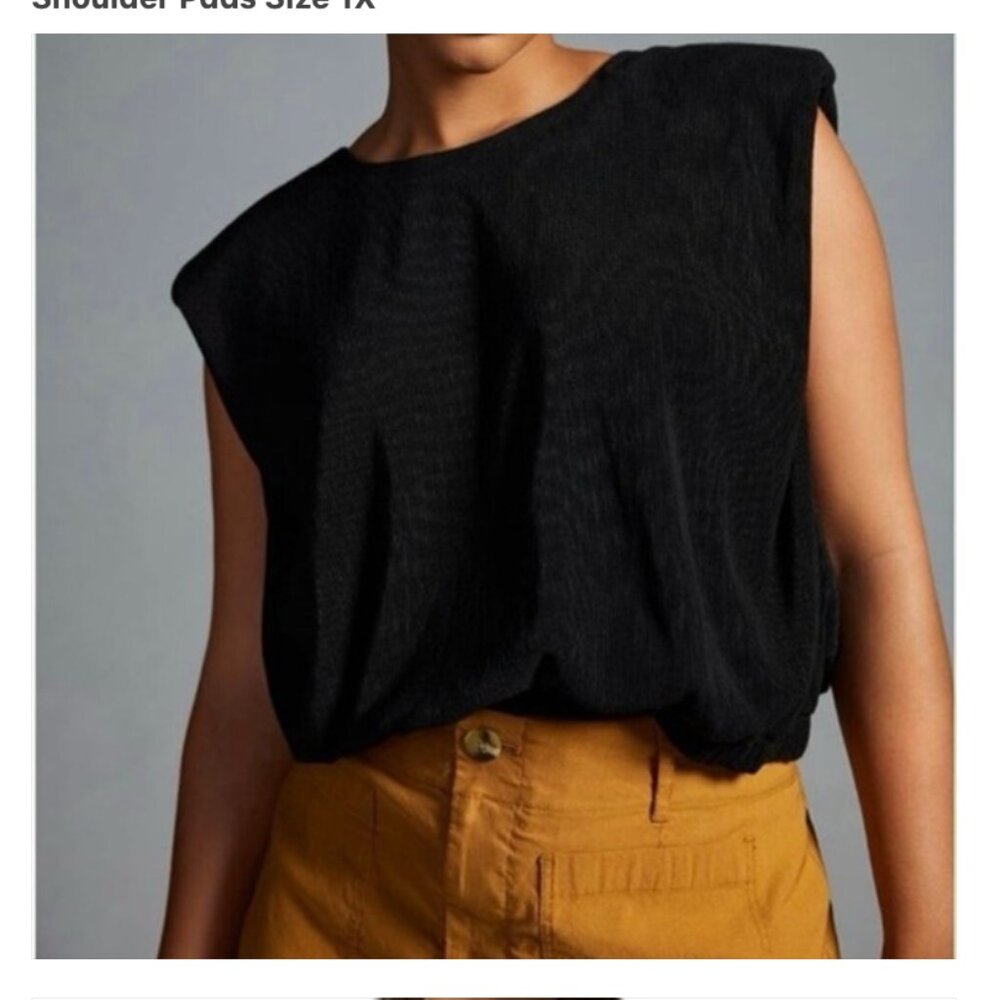 Anthropologie Maeve Top Black Ribbed Muscle Blouse Shoulder Pads Size 1X
